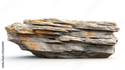 Obraz Gray and orange layered rock formation isolated on white. Ideal for nature, geology, or architectural designs needing a rugged texture.