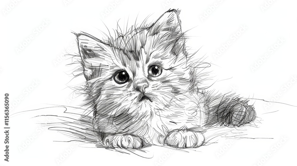 A kitten is laying on a white background. It has a black nose and black eyes. The kitten is curled up and has a fluffy coat A kitten is laying on a white background. It has a black nose and black eyes. The kitten is curled up and has a fluffy coat