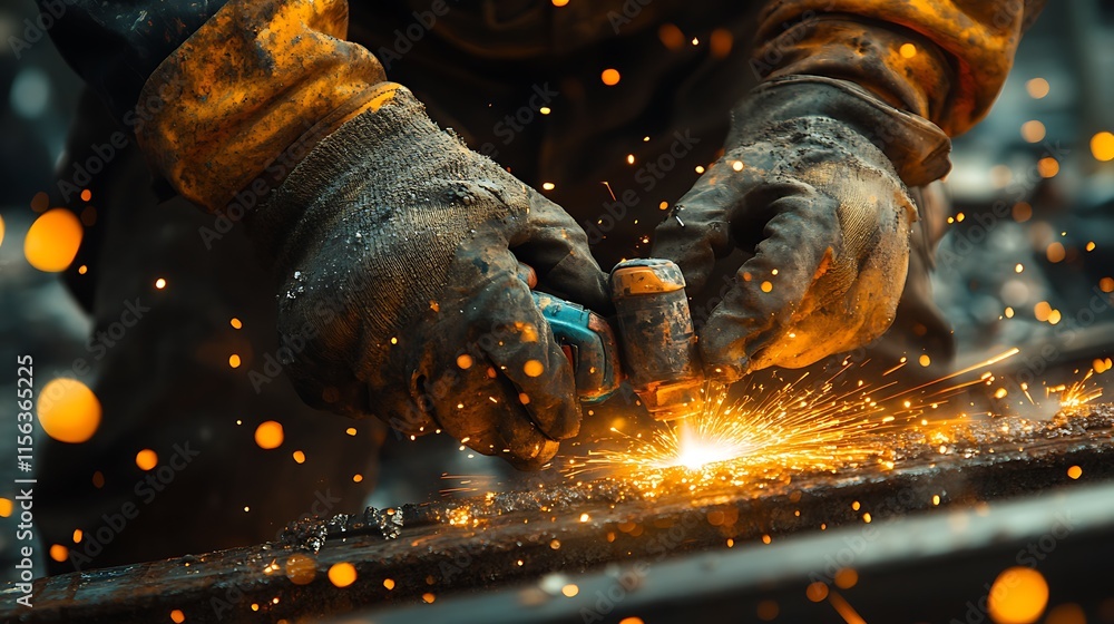 Worker using grinder sparks fly metalwork Worker using grinder sparks fly metalwork