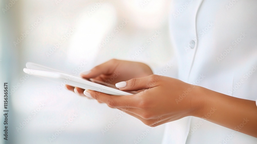 Close-up of Hands Using Tablet: A woman's hands delicately hold and operate a sleek white tablet, showcasing modern technology and effortless digital interaction. Close-up of Hands Using Tablet: A woman's hands delicately hold and operate a sleek white tablet, showcasing modern technology and effortless digital interaction.