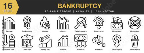 Bankruptcy icon set. Editable Stroke Icon Collection. Includes Financial, Crisis, Domino, Effect, Risk, System, Bankrupt, and More. Outline icons vector collection.