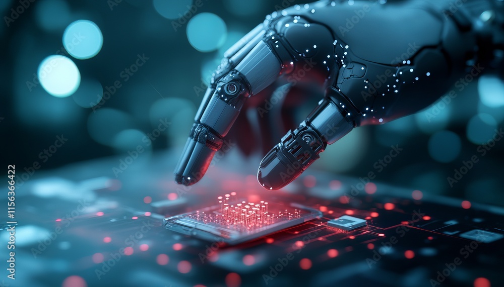 Robotic hand assembling microcomponents in a high-tech lab closeup view future tech concept Robotic hand assembling microcomponents in a high-tech lab closeup view future tech concept