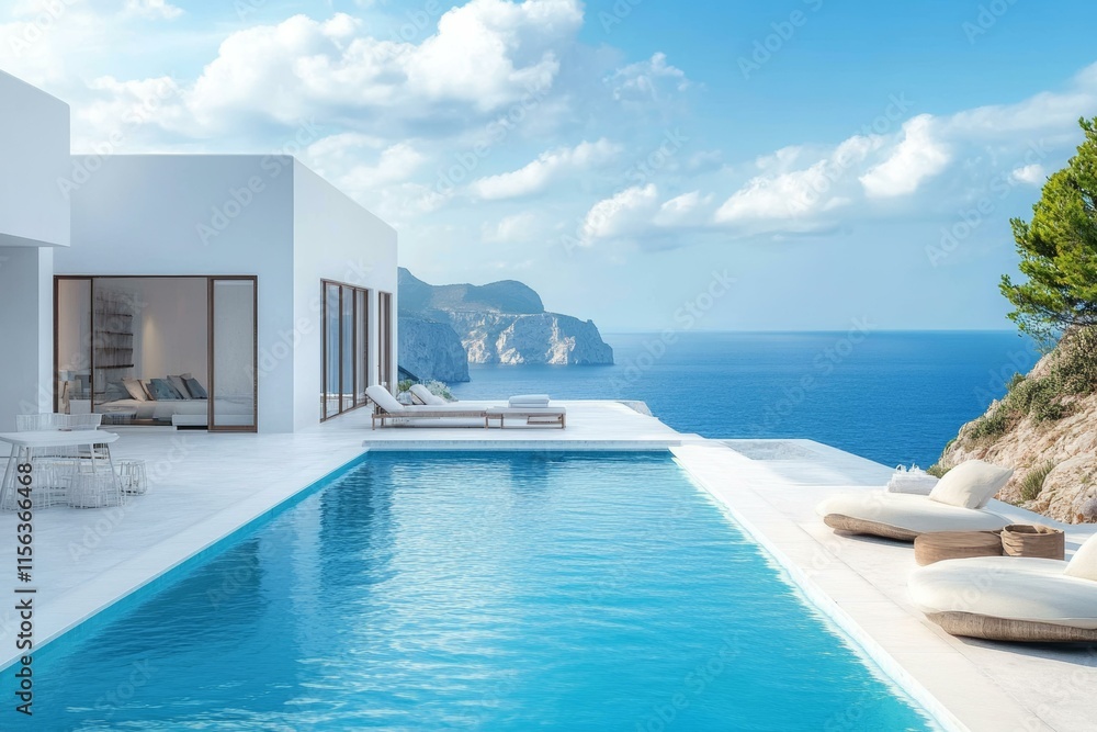 Fototapeta premium Modern Villa Poolside with Ocean View