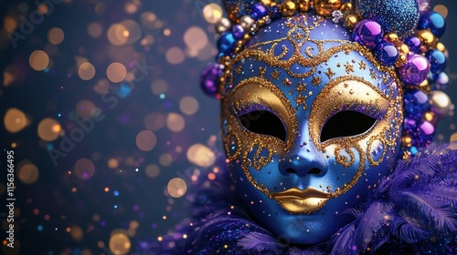 Wallpaper Mural A vibrant blue and gold masquerade mask adorned with beads and feathers, set against a sparkling background. Torontodigital.ca