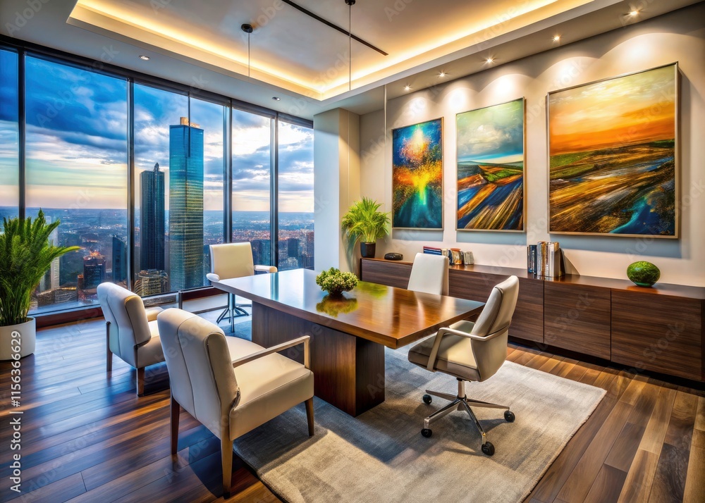 Naklejka premium Panoramic Luxury Office Wall Art: Modern Abstract Paintings & Sculptures