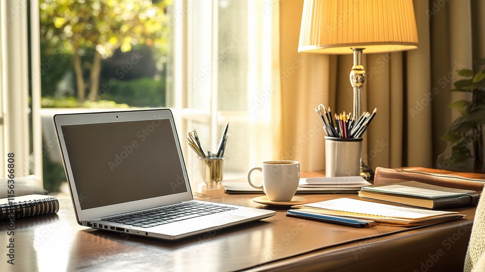 Elegant Business Desk Setup with Laptop and Coffee Mug by Window Elegant Business Desk Setup with Laptop and Coffee Mug by Window