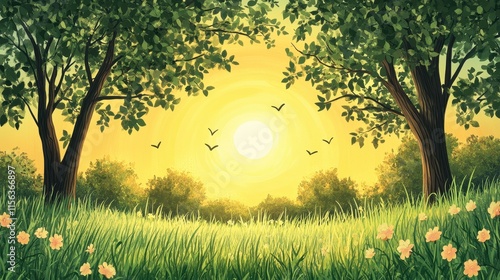 Serene sunset landscape with lush grass, wildflowers, and trees framing a golden sky. Ideal for projects needing a peaceful, nature-themed backdrop. photo