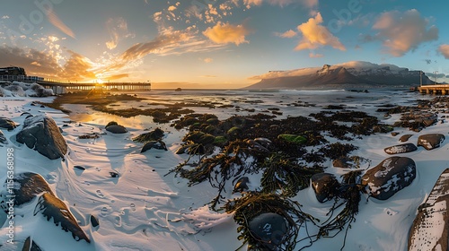 Golden Sunset Over Table Mountain and a Snowy Beach in Cape Town, South Africa