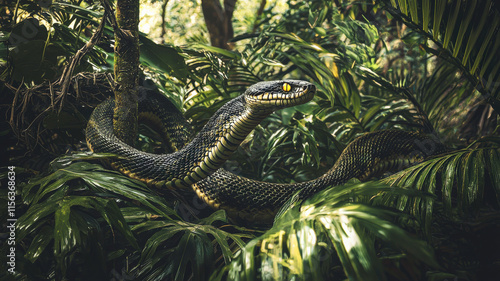 A massive, serpentine monster with multiple tails slithers menacingly through a dense jungle. Its glowing eyes radiate malice, creating a chilling atmosphere amidst the thick foliage and shadows.
 photo