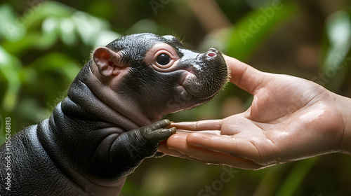 A playful pygmy hippo baby nuzzling a caretaker's hand in a lush Thai wildlife park, surrounded by vibrant green foliage and the soft hum of cicadas in the distance  photo