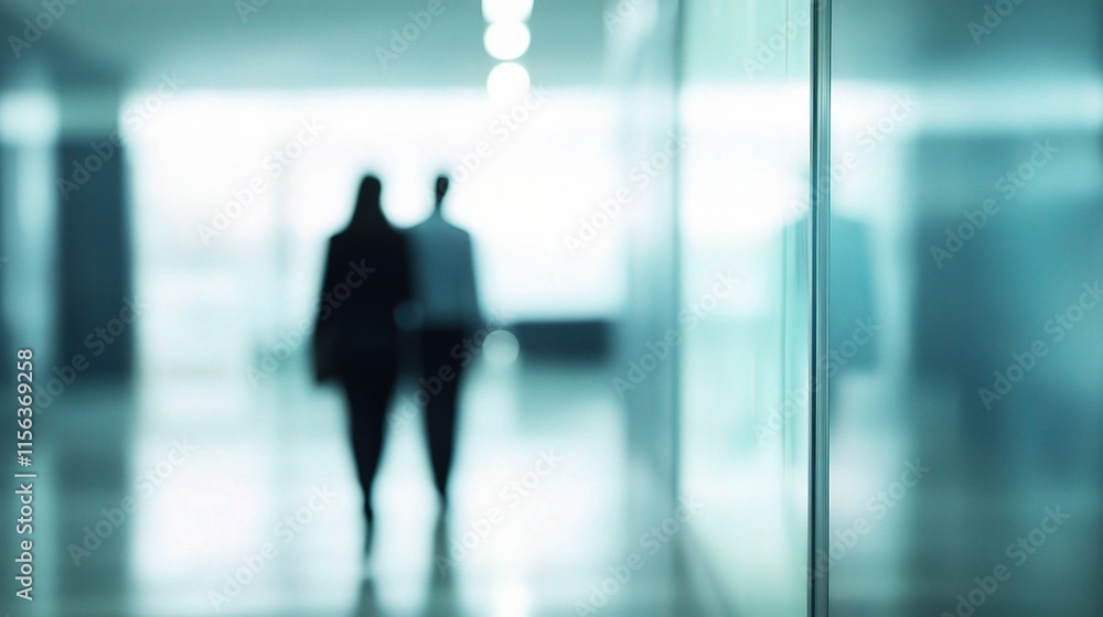 Fototapeta premium Blurred Figures Walking Through Modern Corridor in Soft Lighting