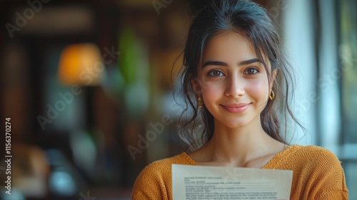 Smiling young indian woman holding paper bill letter doing paperwork