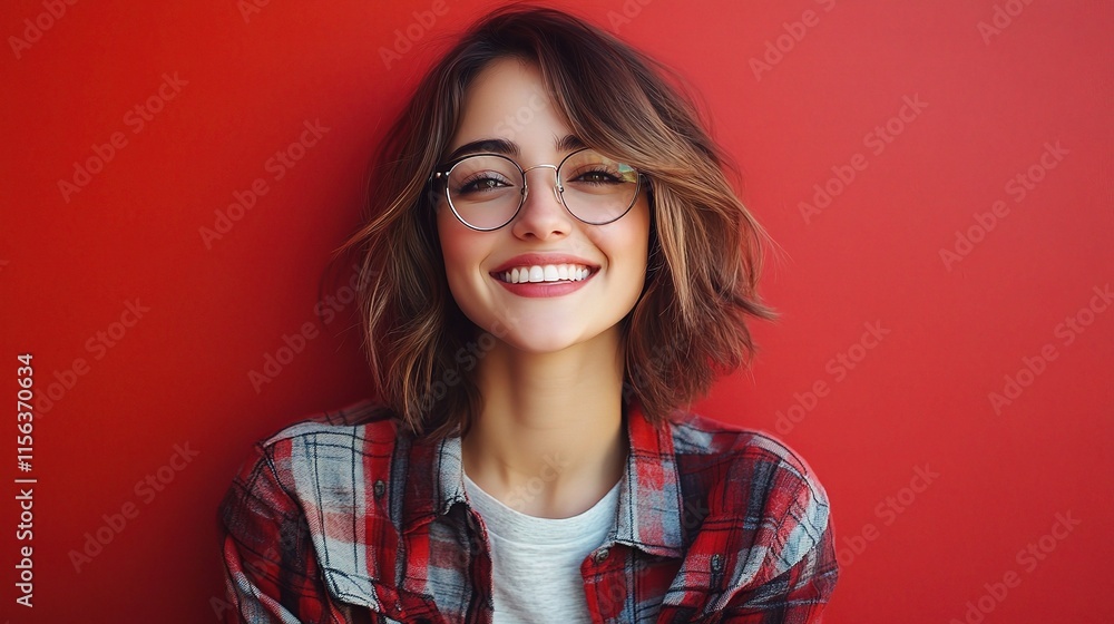 Fototapeta premium Young Beautiful Brunette Woman in Casual Shirt Against Red Background