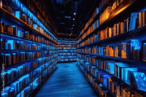 Wallpaper Mural Blue-lit library hallway with countless books. Ideal for education, knowledge, or learning concepts. Torontodigital.ca