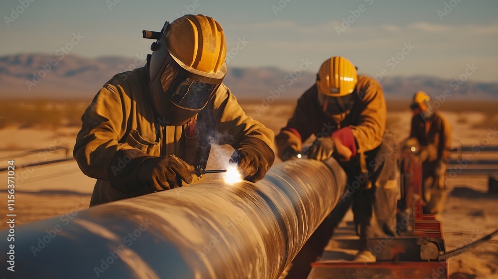 Pipeline welding crew working on gas pipes. Pipeline welding crew working on gas pipes.