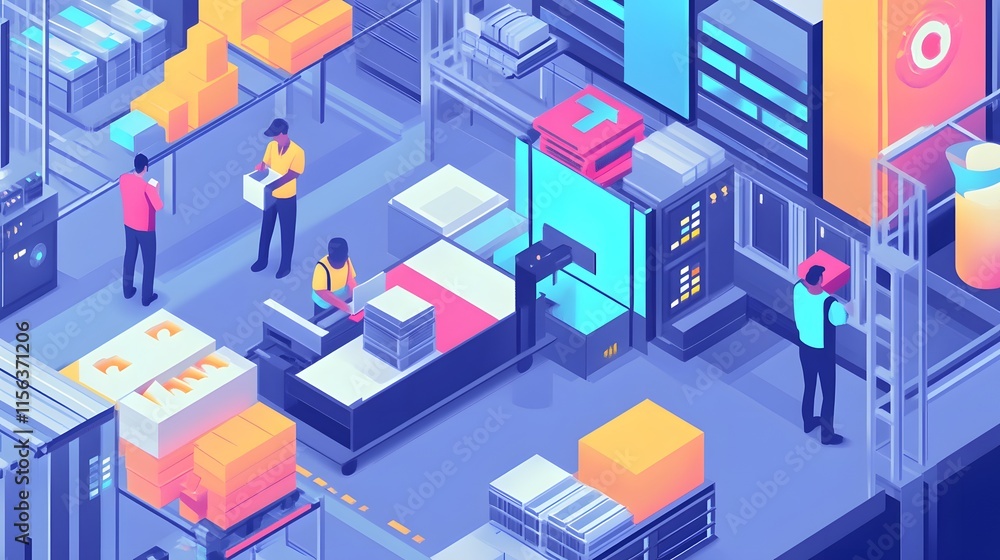 Obraz premium Automated Warehouse Workers Manage Package Distribution System