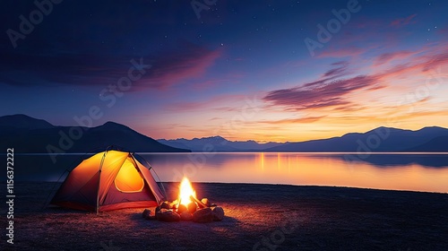 Campfire camp concept. A serene camping scene with a glowing tent and campfire beside a tranquil lake at sunset. photo