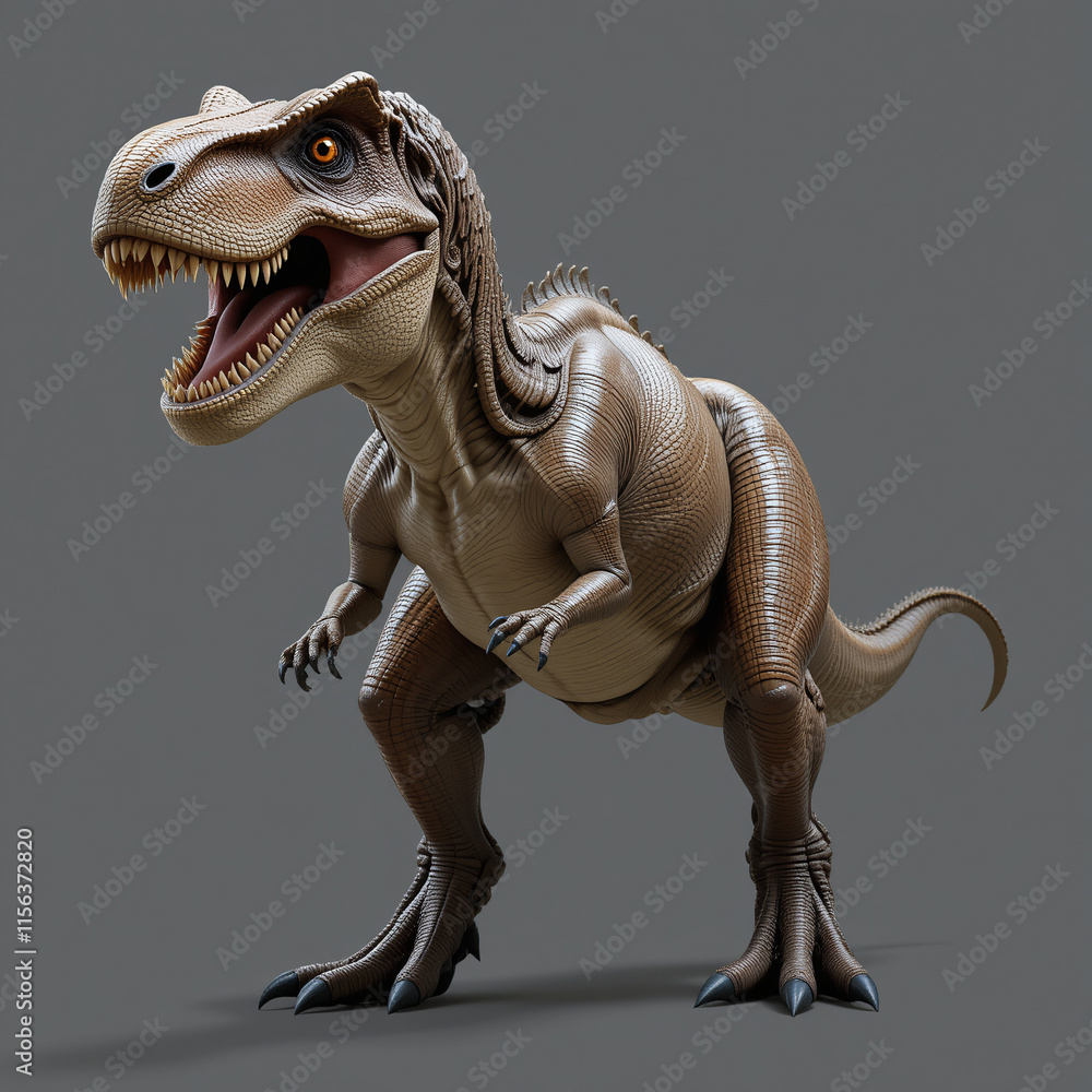 A detailed, 3D model of a friendly-looking Tyrannosaurus Rex, rendered in a light brownish-tan color, against a neutral gray background. A detailed, 3D model of a friendly-looking Tyrannosaurus Rex, rendered in a light brownish-tan color, against a neutral gray background.