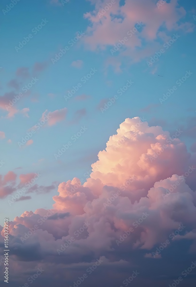 Pink and white clouds fill a serene evening sky