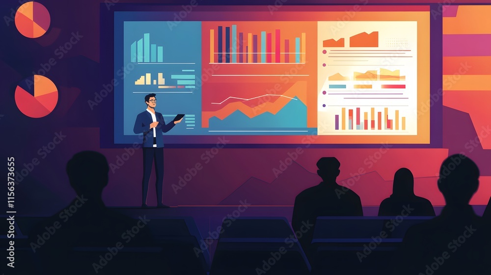 Businessman Presents Data Driven Insights To Audience Businessman Presents Data Driven Insights To Audience