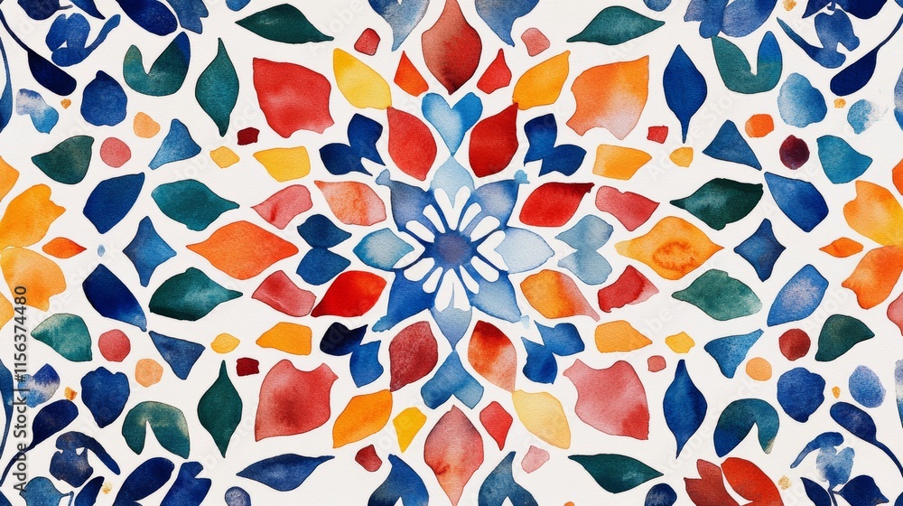 Fototapeta premium A colorful flower pattern is painted on a white background. The colors are red, blue, and yellow