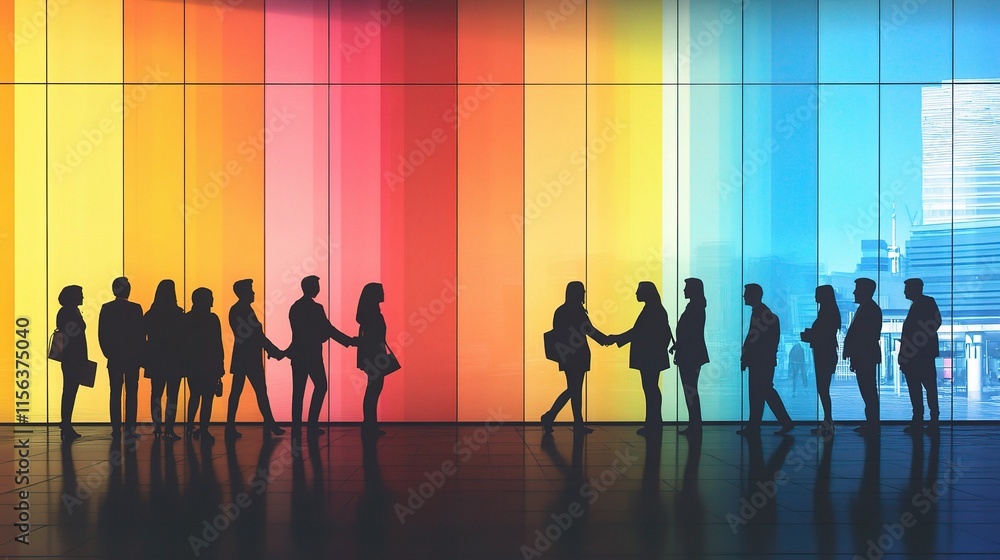 Silhouettes of Hope: A powerful and evocative image capturing a line of people walking toward a vibrant rainbow wall. The silhouetted figures represent unity, diversity. Silhouettes of Hope: A powerful and evocative image capturing a line of people walking toward a vibrant rainbow wall. The silhouetted figures represent unity, diversity.