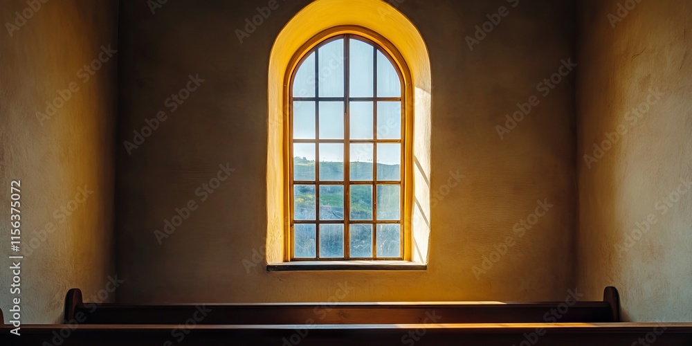 Obraz premium A serene church interior featuring an arched window casting warm sunlight onto a wooden pew, creating a peaceful ambiance.