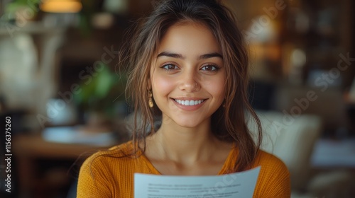 Smiling young indian woman holding paper bill letter doing paperwork 