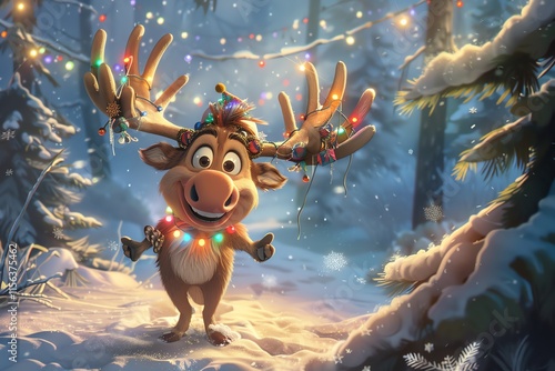 Festive cartoon moose in snowy forest. photo