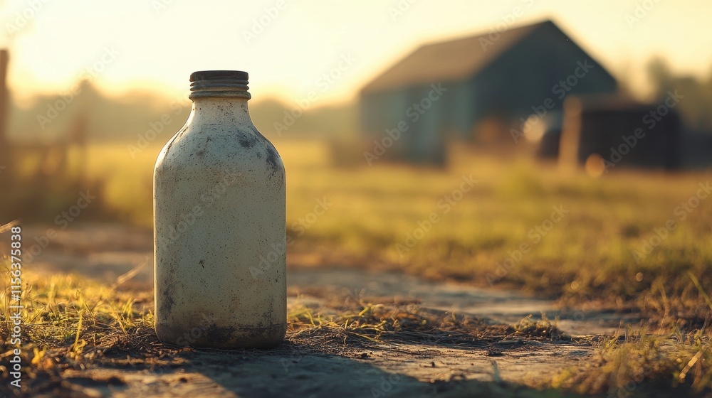 Old weathered glass bottle sits on a dirt path. Depicts rustic countryside scene, evokes feelings of nostalgia and time. Old weathered glass bottle sits on a dirt path. Depicts rustic countryside scene, evokes feelings of nostalgia and time.