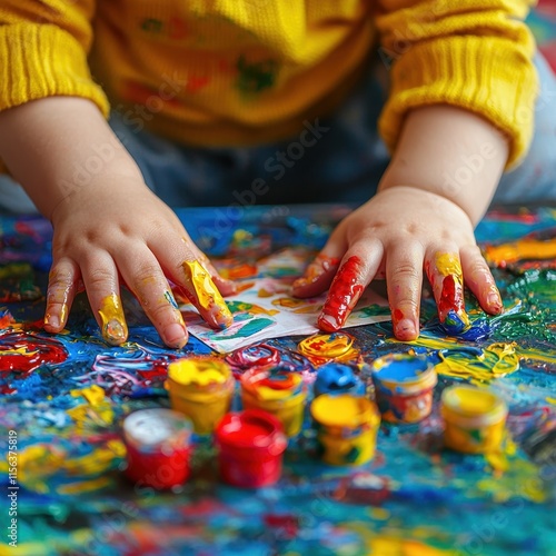 Toddler Hands Painting Vibrant Colors Creative Art Activity