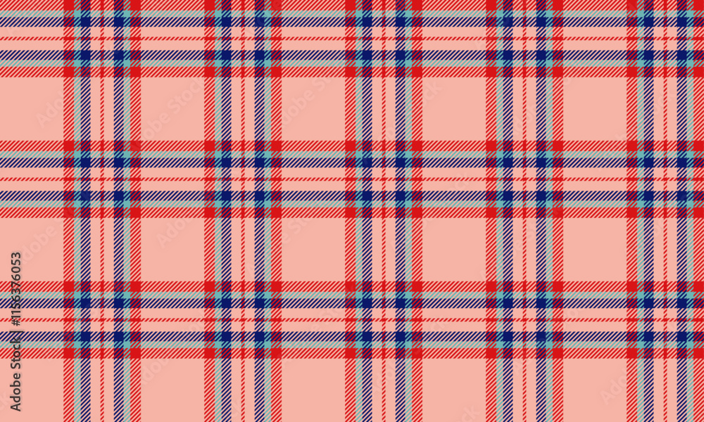Fototapeta premium Plaid fabric pattern, pink, blue, red, seamless for textiles, and for designing clothes, skirts, tablecloths, or decorative fabrics. Vector illustration.