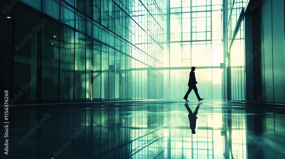 Silhouette of Businessman in Modern Office Building: A lone businessman walks purposefully through a sleek, modern office building. Silhouette of Businessman in Modern Office Building: A lone businessman walks purposefully through a sleek, modern office building.