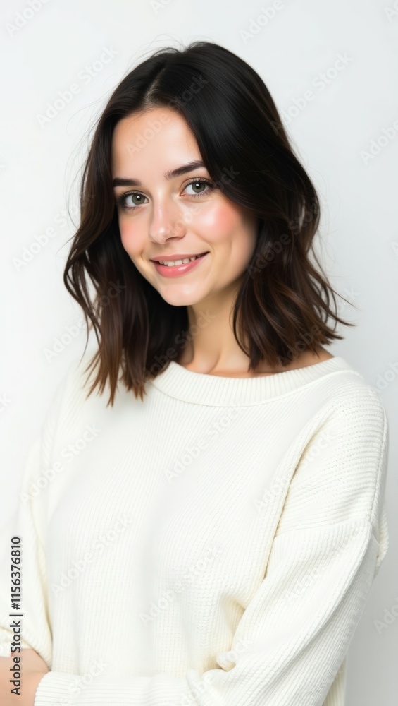 A cheerful woman in a white sweater, smiling naturally, great for lifestyle or winter-themed images. A cheerful woman in a white sweater, smiling naturally, great for lifestyle or winter-themed images.