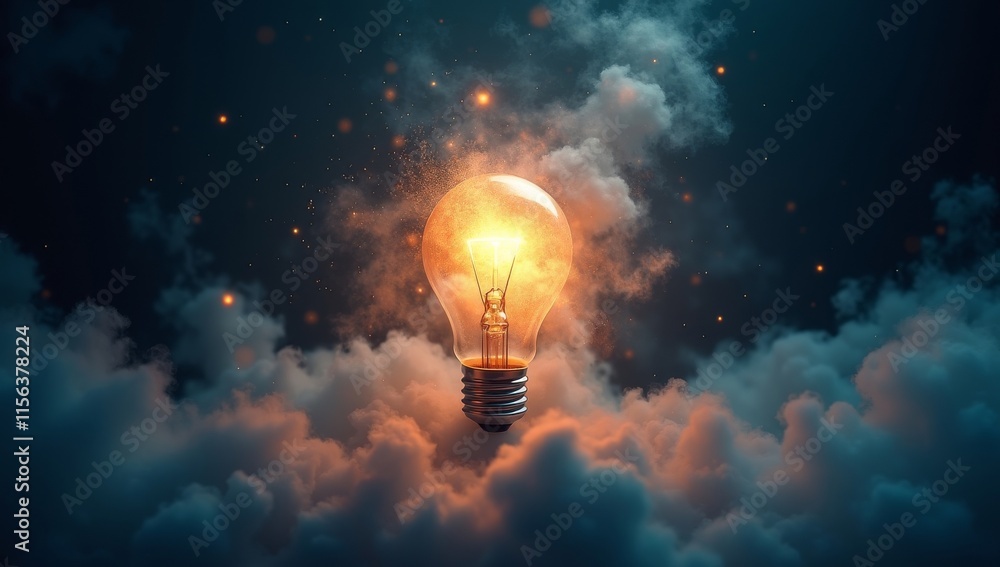 Glowing Lightbulb Above Clouds Sparkles Shine Glowing Lightbulb Above Clouds Sparkles Shine