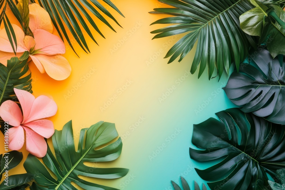 Colorful tropical leaves and flowers on a gradient background, perfect for summer-themed designs and creative projects. Colorful tropical leaves and flowers on a gradient background, perfect for summer-themed designs and creative projects.