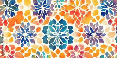 Fototapeta Naklejka Na Ścianę i Meble -  A colorful floral pattern with blue, orange, and yellow flowers. The flowers are scattered throughout the pattern