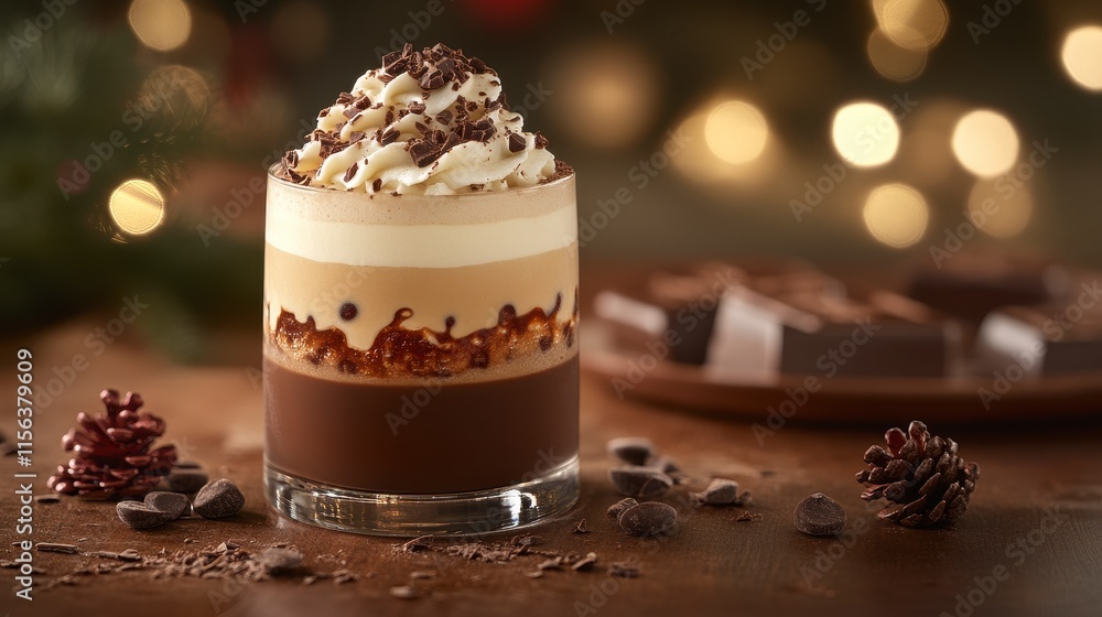 Layered chocolate drink with whipped cream and chocolate shavings in a glass. Layered chocolate drink with whipped cream and chocolate shavings in a glass.