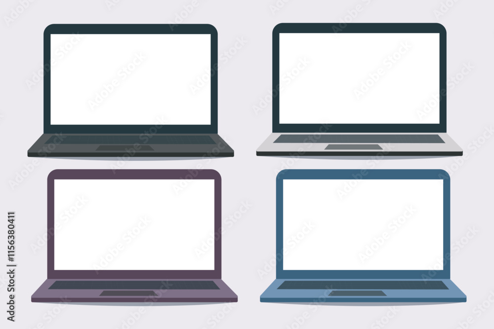 Illustration of four laptops in different colors with blank screens, showcasing a minimalist design ideal for technology themes and templates. Illustration of four laptops in different colors with blank screens, showcasing a minimalist design ideal for technology themes and templates.