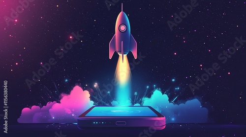 Rocket Launch from Smartphone Screen in Cosmic Background Art