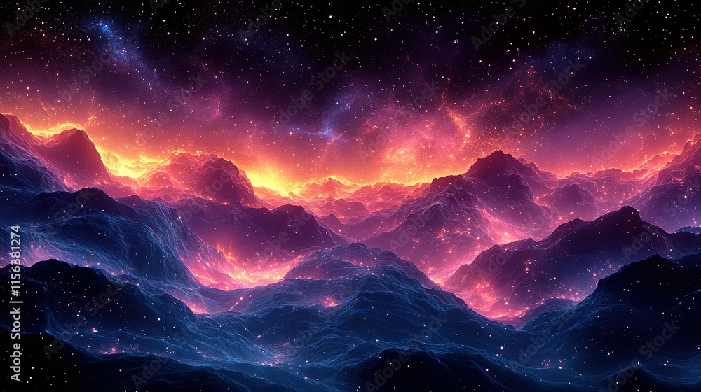 Fiery Mountains Under a Starry Night Sky Fiery Mountains Under a Starry Night Sky
