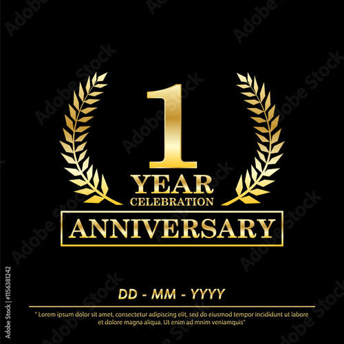1st year anniversary celebration emblem. elegance golden anniversary laurel wreath awards logo isolated on black background. vector illustration