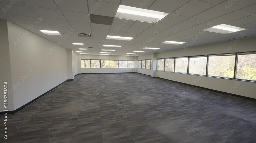 Spacious empty office for lease featuring large windows, clean flooring, and bright lighting. Spacious empty office for lease featuring large windows, clean flooring, and bright lighting.