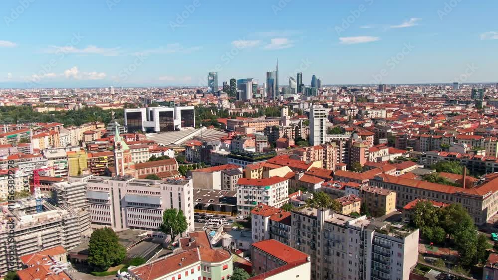 Aerial pullback revealing more and more of stunning city Milan on summer day Aerial pullback revealing more and more of stunning city Milan on summer day