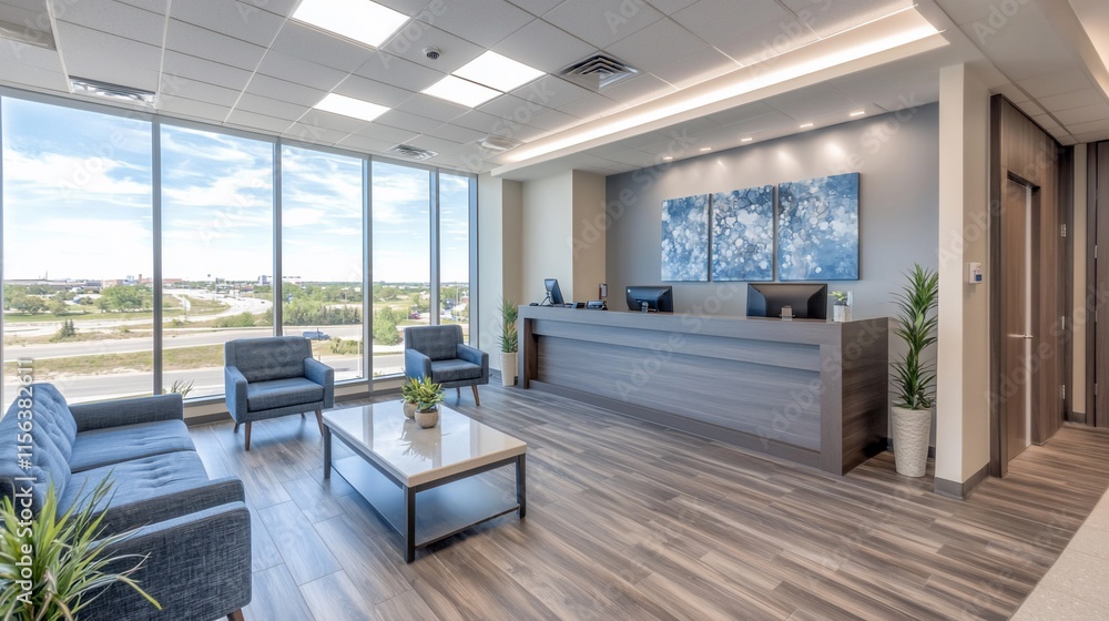 Fototapeta premium Modern office reception area with waiting chairs, large windows, and city view.