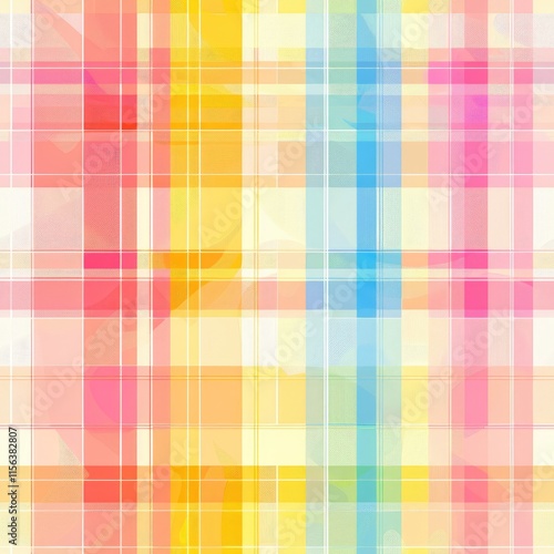 A colorful plaid pattern featuring vibrant hues of pink, yellow, blue, and orange.
