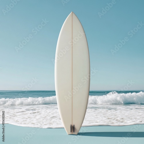 White surfboard standing on sandy beach near ocean waves. photo