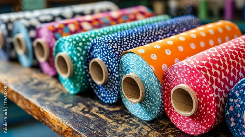 Sewing studio, colorful fabric rolls and cutting table