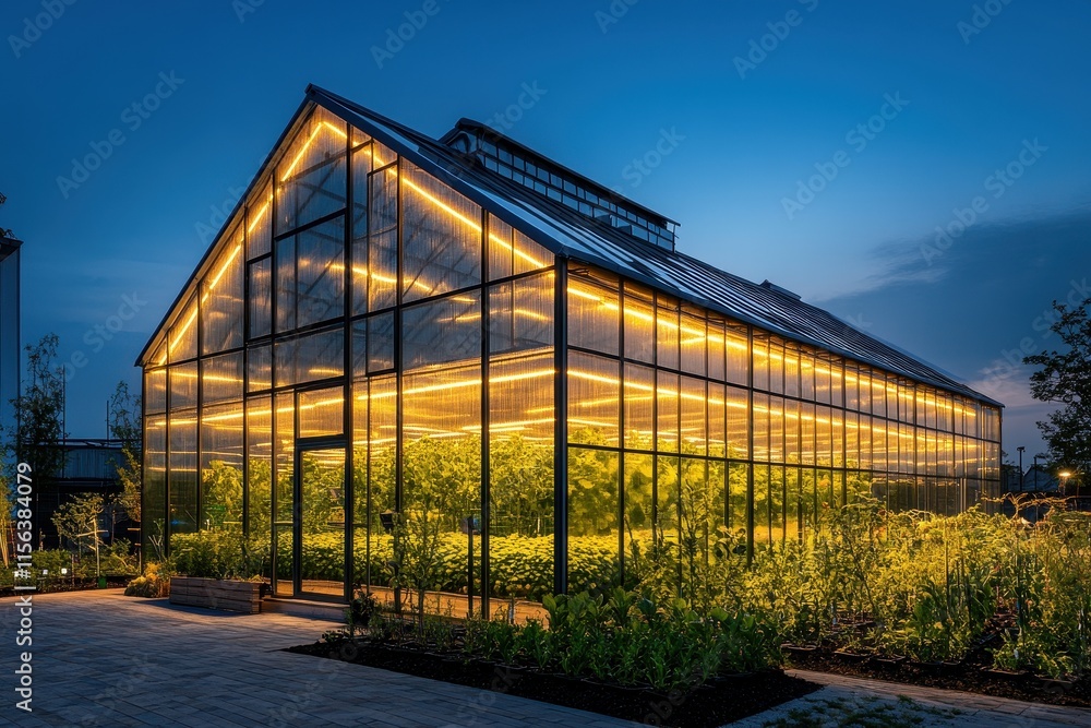 Obraz premium Modern greenhouse glowing at night, filled with lush greenery. Illustrates sustainable farming, urban agriculture, or technological advancements in horticulture.