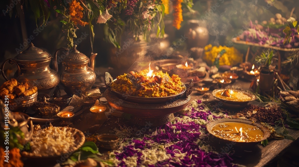 Vibrant Festival Table Display with Flowers, Food, and Lighted Candles Vibrant Festival Table Display with Flowers, Food, and Lighted Candles